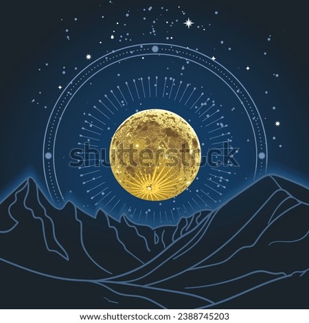 Golden full moon rising on a dark blue starry sky. Vector hand drawn illustration