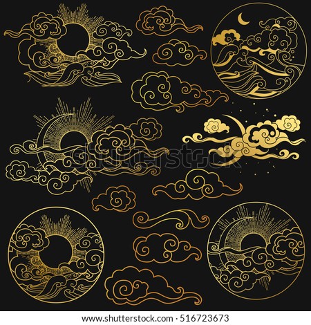 Sun and moon in the sky over the sea. Collection of decorative graphic design elements in oriental style. Vector hand drawn illustration 