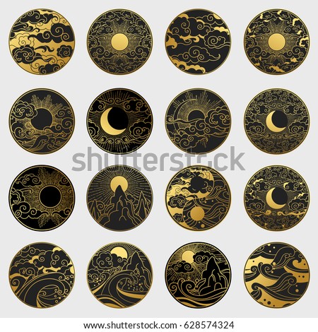 Big collection of decorative graphic design elements in oriental style. Sun, Moon, sky, ocean, mountains. Vector hand drawn illustration