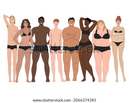 Diverse group of people of different nationalities and body types standing and smiling on a white background