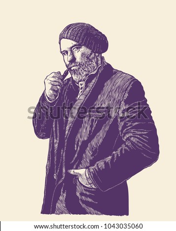 Middle-aged Man, With Moustaches, Gray Beard and Smoking Pipe. retro engraving style. vector illustration.