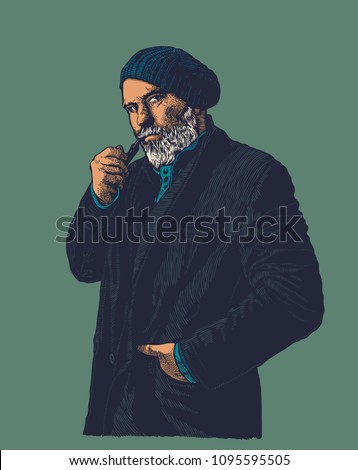 Middle-aged Man, With Moustaches, Gray Beard and Smoking Pipe. retro engraving style. vector illustration.