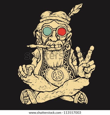 old hippie smokes marijuana and shows the peace symbol. vector illustration