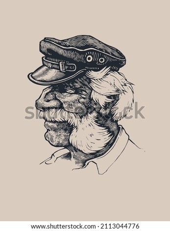Old man with gray hair, mustache and sideburns. An old sea wolf in a peaked cap. Hand drawn portrait in engraving style. Vector illustration