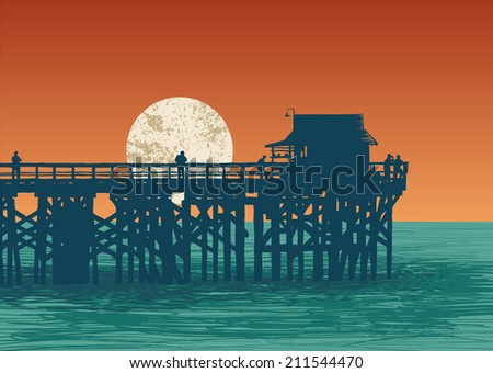 oceanic view with silhouette pier and full moon. vector illustration.