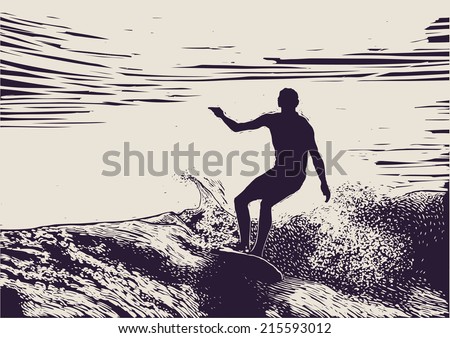 Silhouette Surfer And Big Wave. Engraving Style. Vector Illustration ...