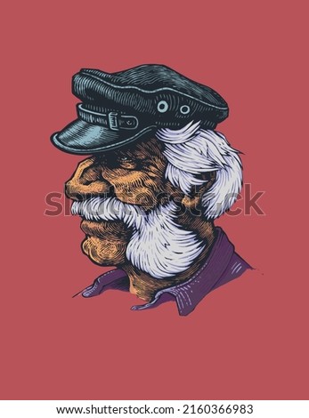 Old man with gray hair, mustache and sideburns. An old sea wolf in a peaked cap. Hand drawn portrait in engraving style. Vector illustration