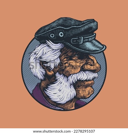 Old man with gray hair, mustache and sideburns. An old sea wolf in a peaked cap in a round emblem. Hand drawn portrait in engraving style. Vector Illustration.