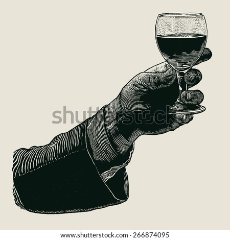 Male hand with a glass of wine. Male hand holding a shot of alcohol drink. hand drawn design element. engraving style. vector illustration