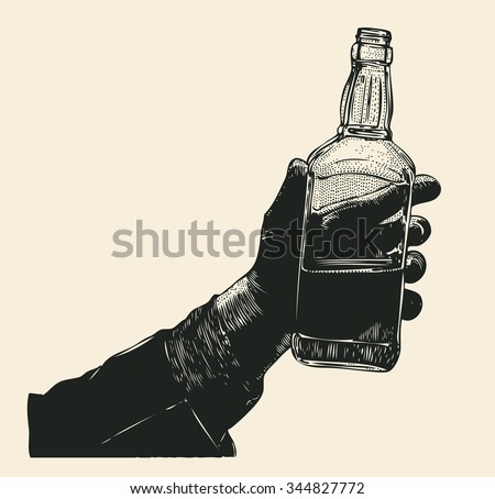 Male hand holding bottle of whiskey. hand drawn design element. engraving style. vector illustration