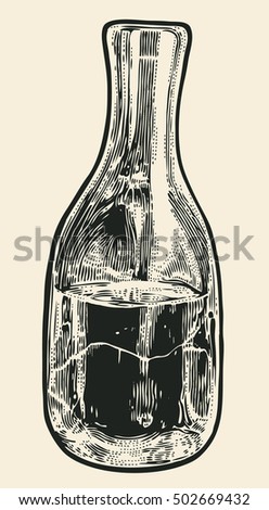 Small Glass Bottle With Sake. Hand Drawn Design Element. Engraving Style. Vector Illustration.