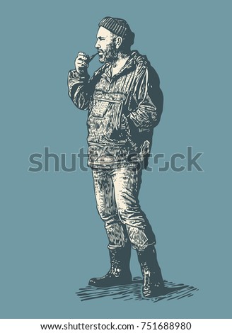 Skipper With A Smoking Pipe, Sea-Dog. Hand Drawn Character. Engraving Style. Vector Illustration