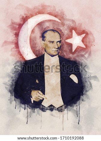 Watercolor portrait illustration of Mustafa Kemal Ataturk with turkish flag on background