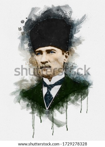 Watercolor portrait illustration of Mustafa Kemal Ataturk