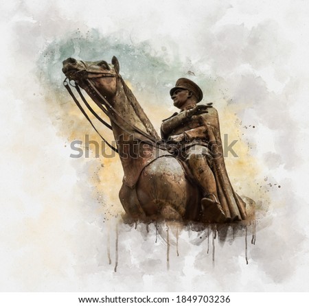 Watercolor illustration of nronze memorial statue of Mustafa Kemal Ataturk on his horse, the founder of the Republic of Turkey, over the sunset sky.