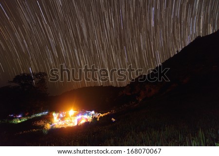 Holiday camping with star trails nature night sky in Thailand.