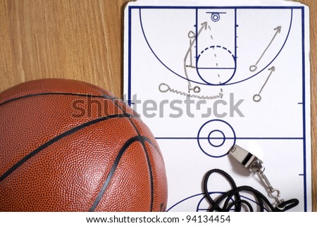 A basketball with a whistle and clipboard with an alley-oop play drawn