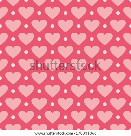 Pink background with hearts and polka dots. Cute seamless pattern for valentines desktop wallpaper or cute website design.