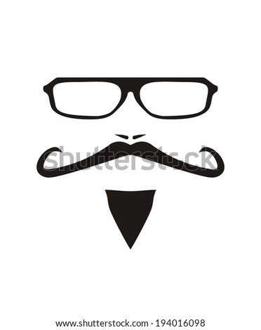 Men face with long mustache and huge, hipster glasses. Black american retro truck driver silhouette isolated on white background.