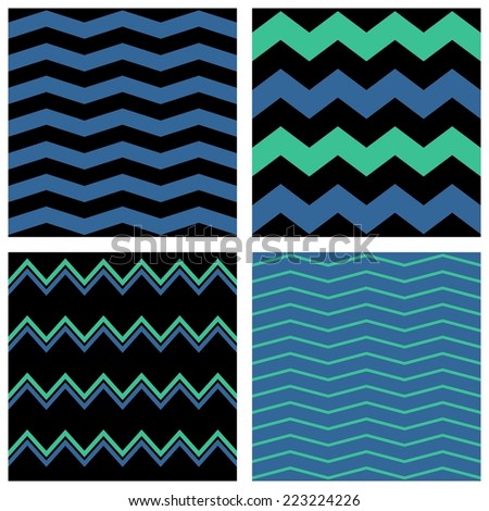 Zig zag chevron pattern set. Pastel green and sailor blue print collection on black background