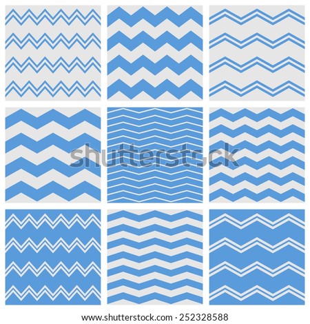Tile chevron pattern set with sailor blue and grey zig zag background