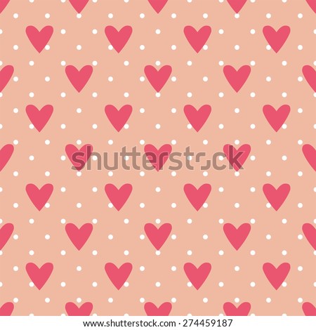 Tile cute pattern with hearts and polka dots on pastel pink background