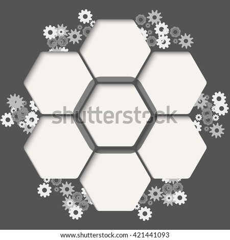 Set of seven hexagons for your text and cogwheels