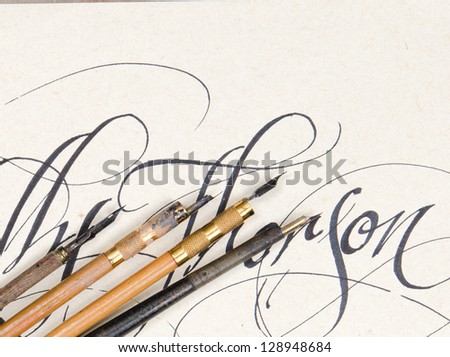 Antique Calligraphy Pens With Fancy Writing On Textured Paper. Stock ...