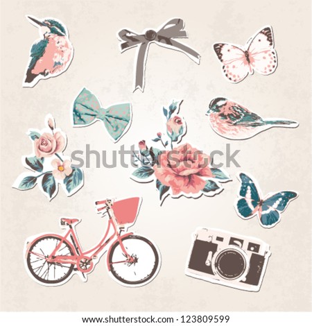 vintage things set-birds,bows,flowers,bike,camera,butterflies on grunge background