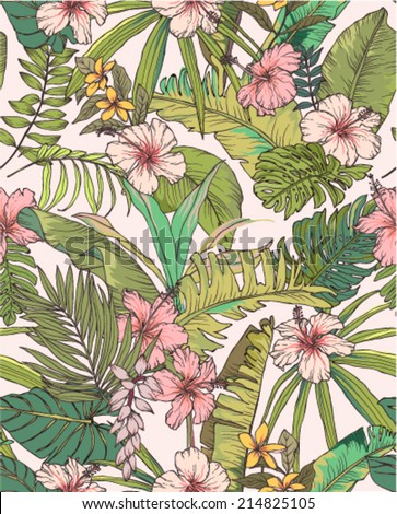 seamless sketched tropical blossom flower summer print vector pattern background
