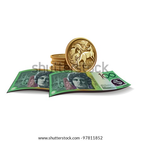 Australian dollar banknotes and coins vector illustration in color, financial theme ; isolated on background.