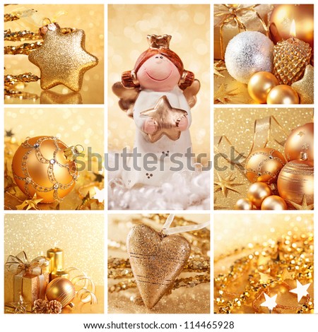 Collage of photos with golden christmas decoration