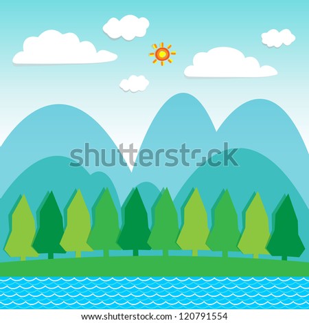 Sea blue sky lake mountains tree. Illustration  landscape.