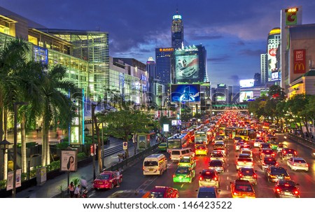 BANGKOK - JULY 1: Road with traffic jams. Area in front Central World. Economic center of Bangkok., Thailand on July 1, 2013.