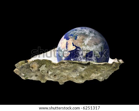 Earth sitting in an oyster shell, East hemisphere, over black