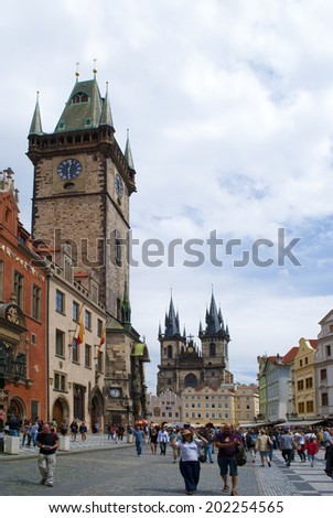PRAGUE, CZECH REPUBLIC - AUGUST 28, 2011: Clock Tower and the central square in Prague, Czech Republic, Europe.