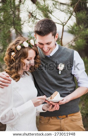 bride and groom cutting their wedding cake and folding plate. beautiful wedding cake. wedding couple eating. wedding reception
