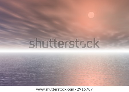 Hazy purple sun and clouds over a calm body of water.