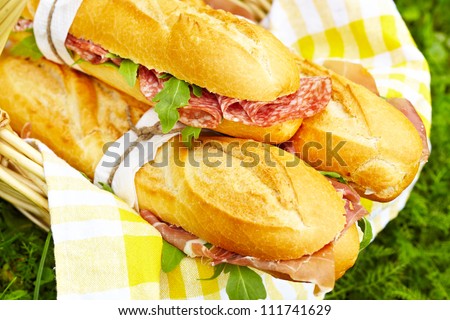 Long baguette sandwiches with salami, prosciutto and arugula for a picnic
