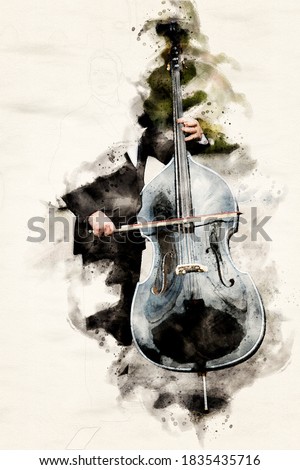 man in tuxedo playing the double bass in watercolors