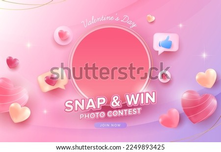 Happy Valentine's Day Snap and Win Contest Background with love, like icon on pastel background. Promotion and contest template for love and valentine's day concept. 
