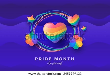 LGBT Pride colourful circle striped background vector stock illustration. Rainbow color hearts, stars and flowers with colourful striped on dark purple background.