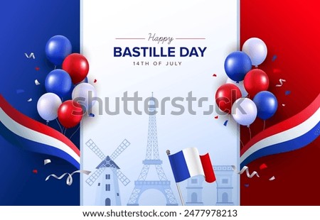 Happy Bastille Day 14 July background with French Flag, Eiffel Tower, ribbons, balloons and confetti. French National day vector illustration template for web, banner, flyer, poster.