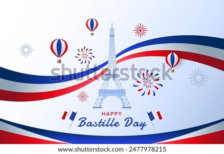 Happy Bastille Day background with wavy French Flag, Eiffel Tower, hot air balloon and fireworks. Abstract French National day vector illustration template for web, banner, flyer, poster.