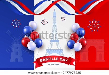 Happy Bastille Day background with wavy ribbon, Eiffel Tower, balloons and fireworks. French National day vector illustration template for web, banner, flyer, poster.