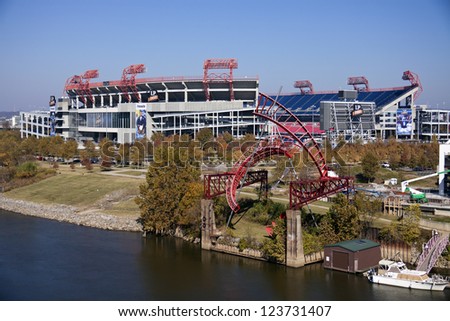 NASHVILLE - NOVEMBER 05: LP Field in downtown of Nashville, Tennessee. LP Field is a football stadium and home to Tennessee Titans.  Seen during fall afternoon on November 05, 2011 from the bridge.