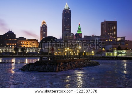 Winter morning in Cleveland, Ohio. Seen with frozen Lake Erie..