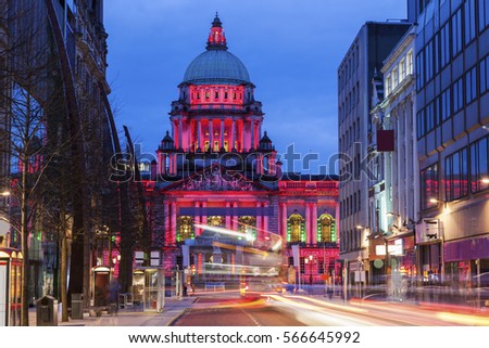 Illuminated Belfast City Hall at evening. Belfast, Northern Ireland, United Kingdom.