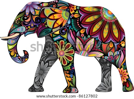 The cheerful elephant. The silhouette of the elephant collected from various elements of a flower ornament.