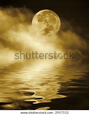 full moon at night with water reflection yellow